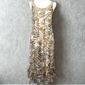 Vasna Desire Animal Print Midi Chiffon Beaded Dress Women Medium